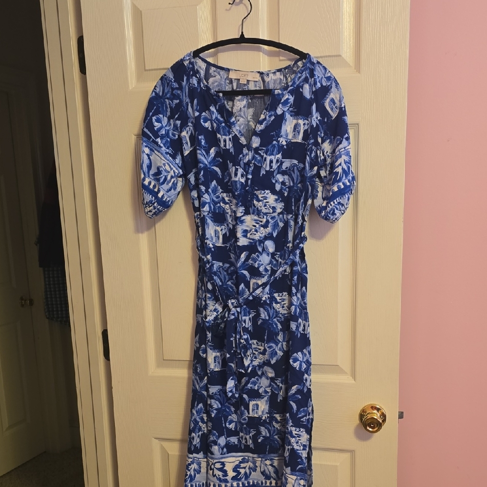 LOFT Blue and White Patterned‎ Midi Dress